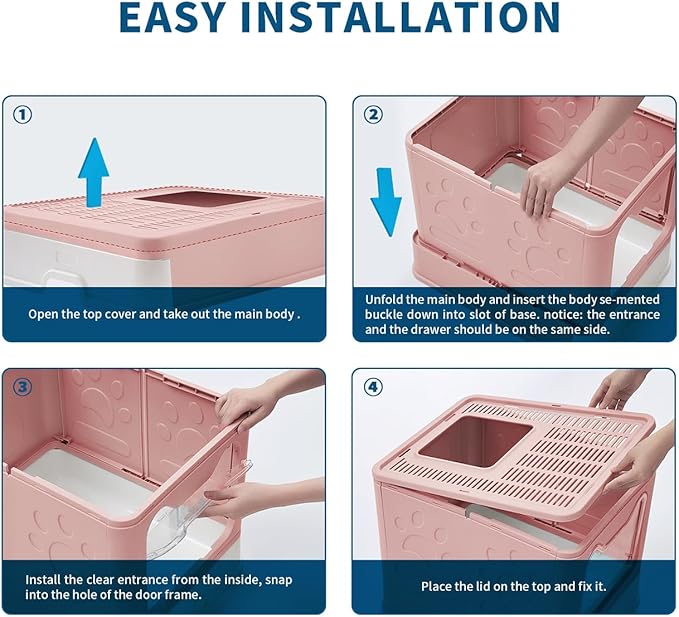 Cat Litter Box with Litter Mat and Scoop, Large Foldable Litter Box with Lid, Front Entry Top Exit Kitty Box, Odor Control, Easy to Clean (Pink)-PawvioPets