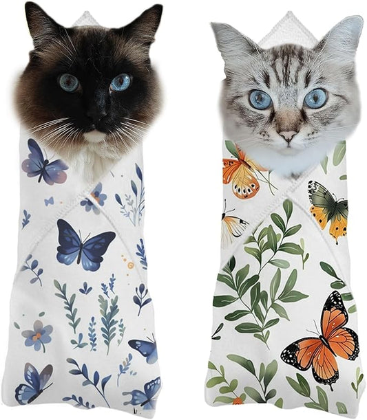 2PCS Cat Wrap for Cutting Nails, 21x21in Self-Adherent Pet Cat Grooming Wrap for Medicine, Nail Clipping, Teeth Brushing, Ear Cleaning | Anti-Escape Anti-Bite Anti-Scratch (Butterfly)-PawvioPets