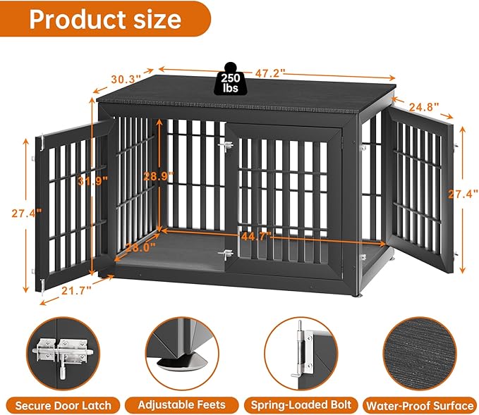 48" Heavy Duty Dog Crate Furniture for Small,Medium and Large Dogs,Rustic Wooden Dog Cage Kennel Indoor Furniture with Waterproof Top,Decorative Pet House Side End Table (Black)-PawvioPets