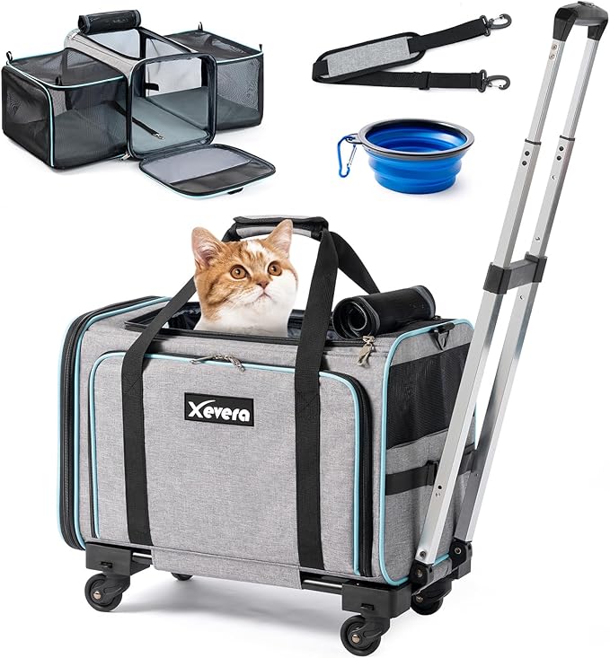 Cat Dog Carrier with Wheels, Expandable Rolling Soft-Sided Carrier for Small Cats and Dogs Under 25 LBS, Pet Carrier on Wheels with Locking Safety Zippers and Anti-Scratch Mesh (Grey)-PawvioPets