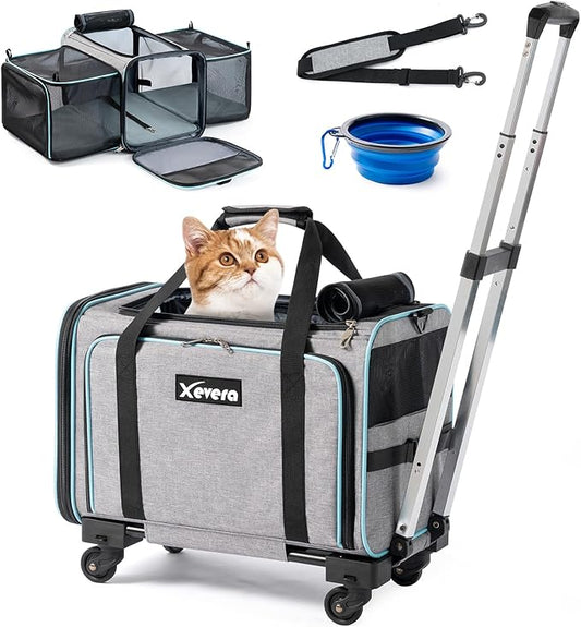 Cat Dog Carrier with Wheels, Expandable Rolling Soft-Sided Carrier for Small Cats and Dogs Under 25 LBS, Pet Carrier on Wheels with Locking Safety Zippers and Anti-Scratch Mesh (Grey)-PawvioPets