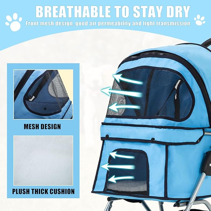Dog Stroller, Folding 4 Wheels Pet Stroller for Small Medium Dog Cat Travel Carrier with Weather Cover Storage Basket Cup Holders Blue-PawvioPets