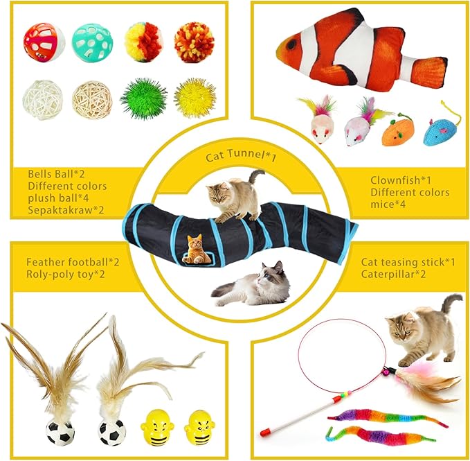 21-Piece Cat Toys Set, Interactive Tunnel, Balls, Mice, Feather Wands, Catnip Toys(Black Tunnel)-PawvioPets