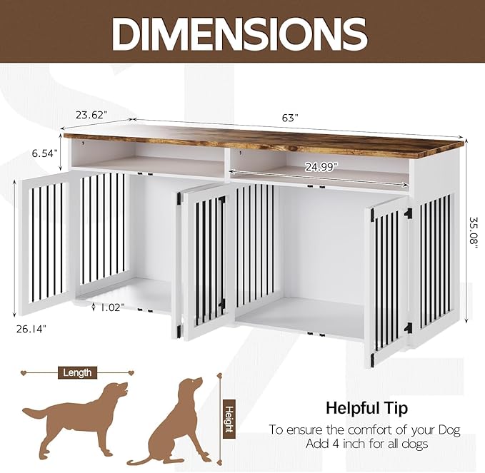 63'' Dog Crate Furniture for 2 Dogs, Wooden Dog Cage with Storage Compartment, Indoor Dog Kennel with 4 Doors for Large/Medium Dogs, White-PawvioPets