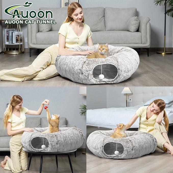 AUOON Cat Tunnel Bed - Cat Donut Tunnel with Soft Plush Circle Cushion for Indoor Cats Kitten Kitty Puppy Rabbit Ferret (Khaki)-PawvioPets