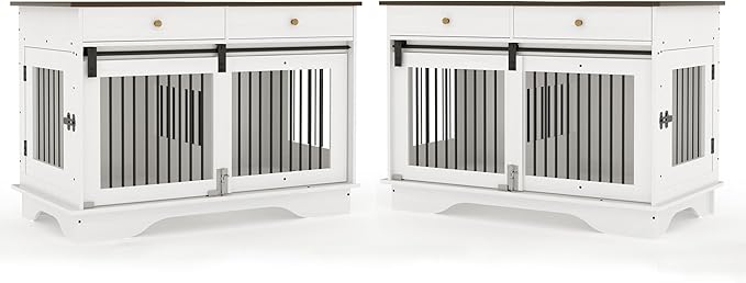 Dog Furniture Crate, 47" Large Dog Crate Furniture w/ 2 Storage Draws & Removable Divider for Large/Medium/Small Dogs (White, Double Cage)-PawvioPets