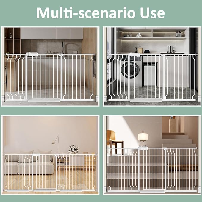 57.5"-62" Extra Wide Auto Closing Baby Safety Gate for Stairs & Doorways, Pressure Mounted No Drill Pet Gate with Walk-Through Door - Heavy Duty Childproof Gate for Toddlers, Kids, Dogs (White)-PawvioPets