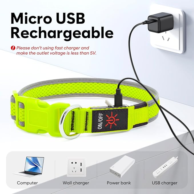 Flashseen LED Dog Collar, Light Up Dog Collar Lights USB Rechargeable, Adjustable Comfortable Soft Mesh Safety Collar for Small, Medium, Large Dogs(Large, Neon Green)-PawvioPets