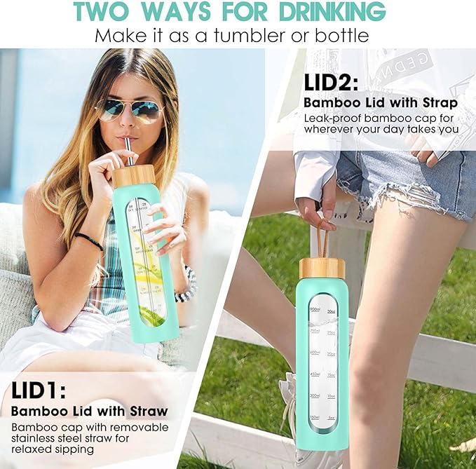 32 oz Glass Water Bottle with Straw - Motivational Time Marker & Silicone Sleeve - Reusable Tumbler Includes 2 Bamboo Lids & Fruit Infuser - 1 Pack-PawvioPets