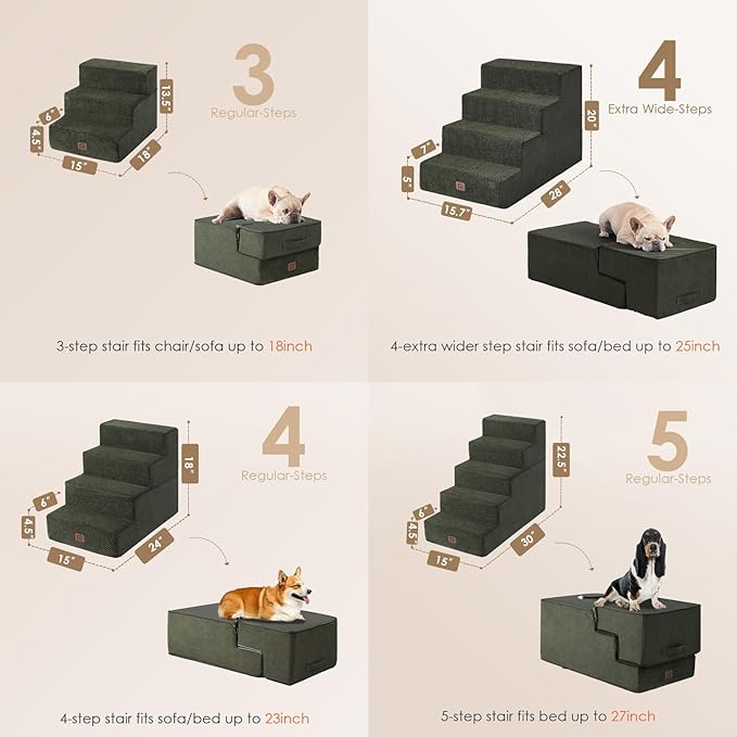EHEYCIGA Dog Stairs for Bed 20" H, 4-Step Extra Wide Dog Steps for High Bed, Pet Steps for Small Dogs and Cats, Non-Slip Balanced Pet Ramp Indoor, Olive Green-PawvioPets