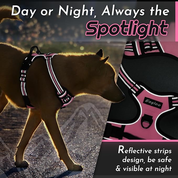 Eagloo Dog Harness Small Sized Dog, No Pull Service Vest with Reflective Strips and Control Handle, Adjustable and Comfortable for Easy Walking, No Choke Pet Harness with 2 Metal Rings, Pink, S-PawvioPets
