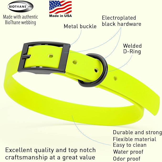 Dogline Biothane Waterproof Dog Collar Strong Coated Nylon Webbing with Black Hardware Odor- Proof for Easy Care Easy to Clean High Performance Fits Small Medium or Large Dogs, Safety Yellow-PawvioPets