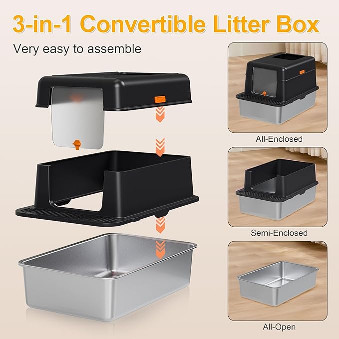 Enclosed Stainless Steel Litter Box with Lid, 20L Metal Enclosed Litter Box for Big Cat, Flip-Top Design with Anti-Leakage High Sides, Cat Lovers Gifts（Black）-PawvioPets