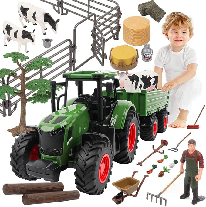 Farm Animal Tractor Toys Playset-16.5 Inches Tractor with Trailer Fence,Farmer,Tree,Cow,Farm Toy Set for Boys Girls Kids Toddlers Age 3-7 Years Old-PawvioPets