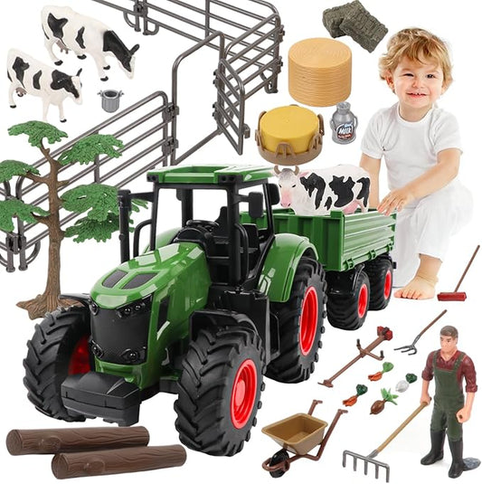 Farm Animal Tractor Toys Playset-16.5 Inches Tractor with Trailer Fence,Farmer,Tree,Cow,Farm Toy Set for Boys Girls Kids Toddlers Age 3-7 Years Old-PawvioPets