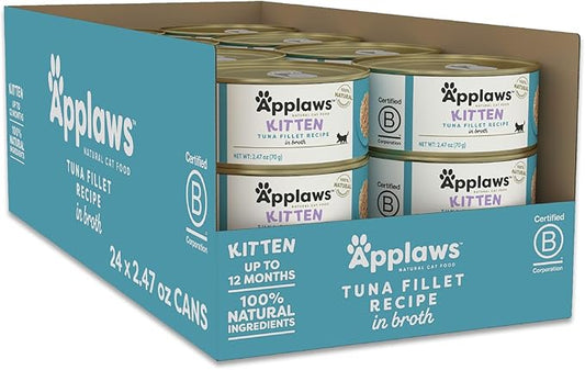 Applaws Natural Wet Kitten Food in Broth, Limited Ingredient Canned Wet Kitten Food, No Additives, Made with Natural Ingredients, Tuna Fillet in Broth (24 x 2.47oz Cans)-PawvioPets