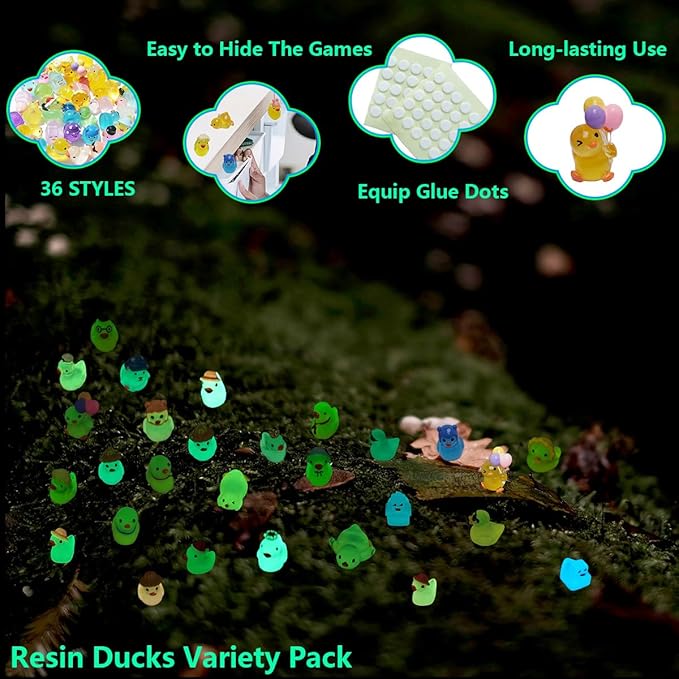 36 Types Luminous Mini Resin Ducks, Plastic Little Ducks to Hide Prank, Small Ducks Figures for Fairy Garden, Dollhouse,Terrariums, Potted, Cake Topper, Miniature Landscape Ornament.-PawvioPets