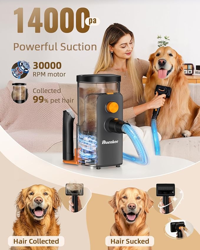 Dog Grooming Vacuum, 4.5L Extra-Large Dust Cup Dog Grooming Kit, 14000Pa High-Suction Pet Groomer with Clippers, Low-Noise All-in-One Shedding Control Set for Home Use-PawvioPets