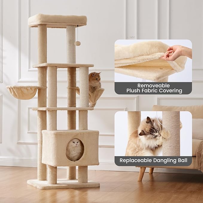 Gardner Pet 65in Heavy Duty Cat Tree Tower for Large Cats, Multi-Level Cat Furniture with Replaceable Sisal Scratching Post, Hammock | Extra-Large Platform & Condo (Beige)-PawvioPets