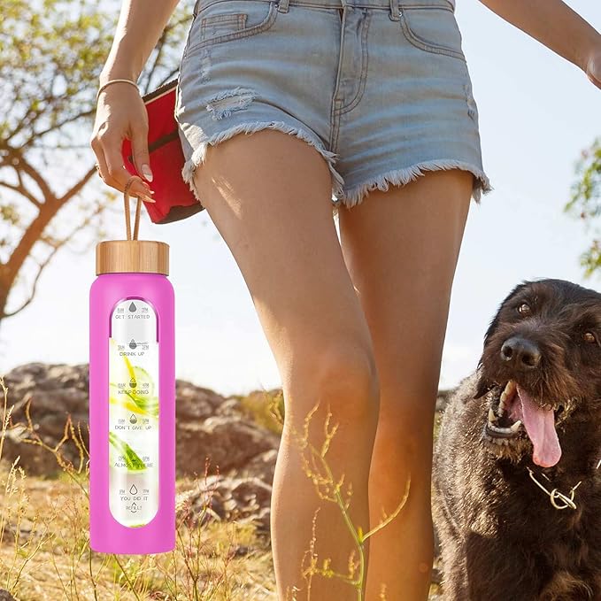 Aqulea Glass Water Bottles 32 Oz with Silicone Sleeve - BPA Free Reusable Wide Mouth Glass Motivational Water Bottles with Fruit Infuser – Leak Proof Borosilicate Water Bottle with Time Marker (Rose)-PawvioPets