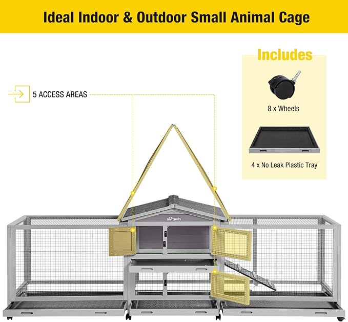 Aivituvin Rabbit Hutch 93.7" Large Rabbit Cage Indoor Outdoor Guinea Pig Cage Chicken Coop on Wheels Bunny Cage with 4 Deep No Leakage Pull Out Tray,Waterproof Roof-PawvioPets