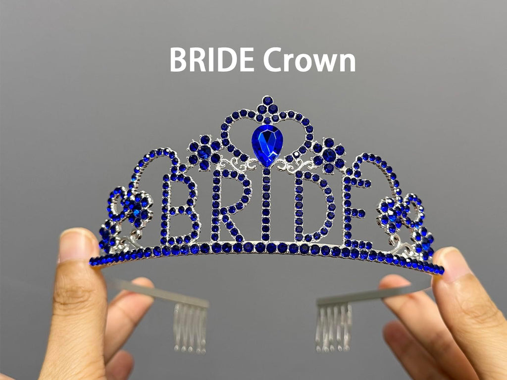 JETKONG 3 Pcs Bachelorette Party Decorations "BRIDE" Crown, Bride to Be Sash&Veil for Women Bachelorette Party Gifts, Bridal Shower Supplies, Gifts, Favors (Dark Blue)