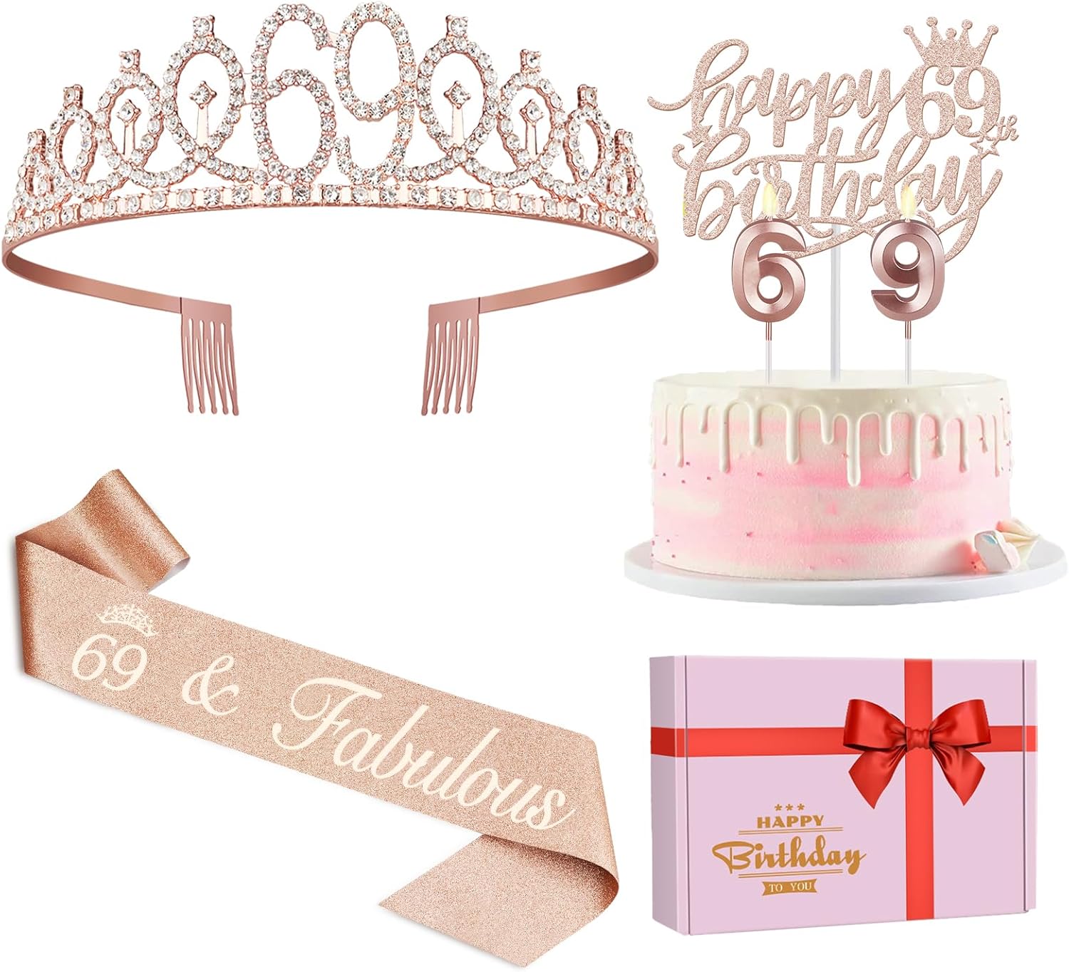 69th Birthday Decorations for Women, Including Birthday Sash, Crown/Tiara, Candles, Cake Topper, 69 Year Old Gifts for Women