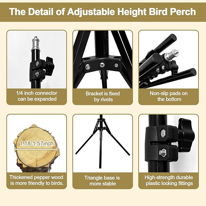 16-63 Inch Height Adjustable Bird Perch Pepper Wood Bird Training Perch Stand Parakeet Perches Indoor and Outdoor Parrot Stands for Small to Medium Bird-PawvioPets