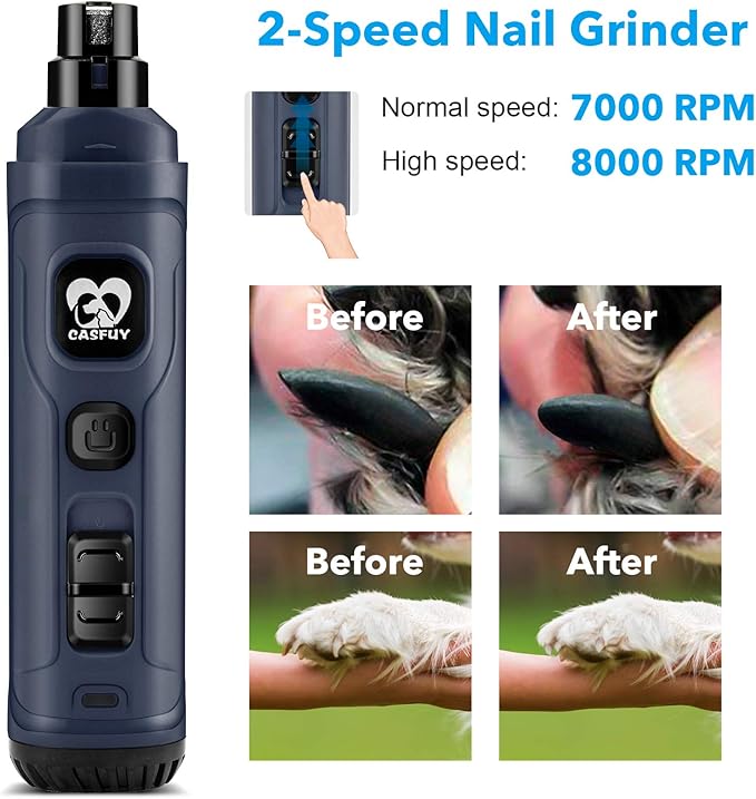Casfuy Dog Nail Grinder with 2 LED Light - New Version 2-Speed Powerful Electric Pet Nail Trimmer Professional Quiet Painless Paws Grooming & Smoothing for Small Medium Large Dogs and Cats (Blue)-PawvioPets