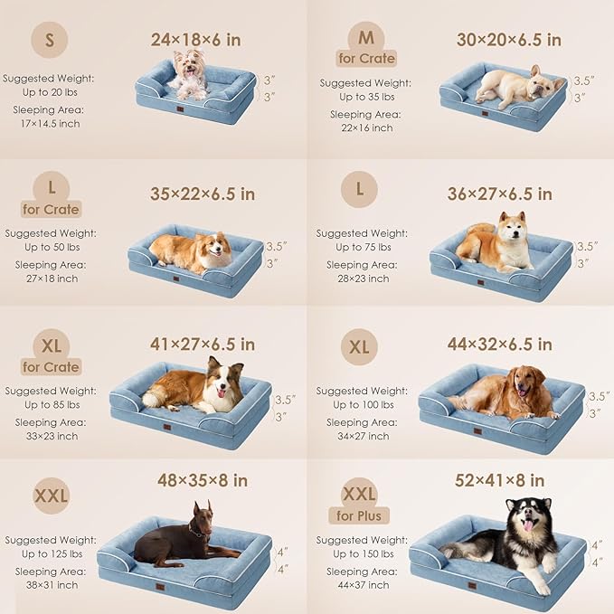 EHEYCIGA Orthopedic Dog Beds for Large Dogs, Waterproof Memory Foam Large Dog Bed with Sides, Non-Slip Bottom and Egg-Crate Foam Pet Couch Bed with Washable Removable Cover, Washed Blue-PawvioPets