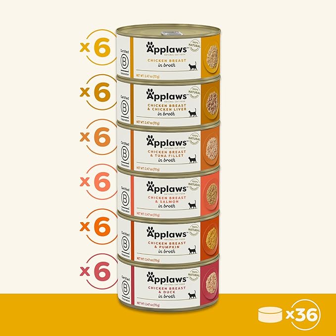 Applaws Natural Wet Cat Food in Broth, Limited Ingredient Canned Wet Cat Food, No Additives, Made with Natural Ingredients, Chicken Selection in Broth Cans (36 x 2.47oz Cans)-PawvioPets