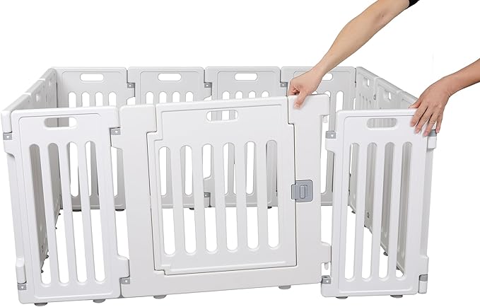 BIRDROCK HOME Pet Playpen with Door | 12 Panel | Strong Plastic | Puppy Safety Fence Pen Playpen | Non-Slip and Secure Dog Gate | White-PawvioPets