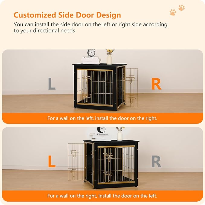 DWANTON Dog Crate Furniture with Cushion, Wooden Kennel Table with Double Doors, Indoor Dog House, Small/Medium/Large Size, 27.2" L, Black+Gold-PawvioPets
