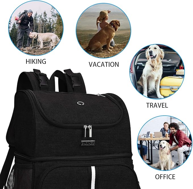 BAGLHER Pet Travel Bag, Double-Layer Pet Supplies Backpack (for All Pet Travel Supplies), Pet Travel Backpack with 2 Silicone Collapsible Bowls and 2 Food Baskets Black-PawvioPets