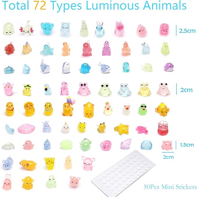 72 Types Luminous Mini Resin Animals, Plastic Tiny Resin Animals to Hide Prank,Mini Animals Figures for Fairy Garden, Dollhouse,Terrariums, Potted,Cake Topper, Miniature Landscape Ornament-PawvioPets