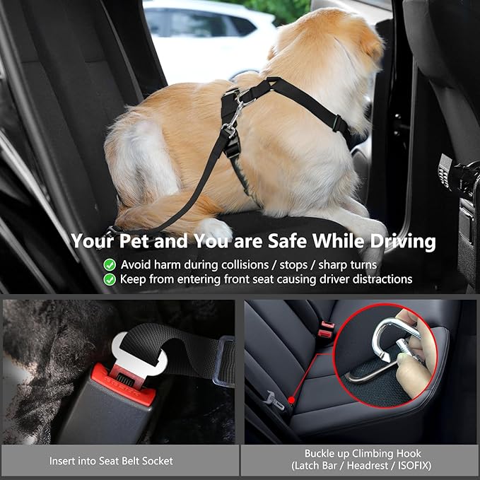 Dog Seat Belt, Safety Vest Dog Car Harness with Adjustable Buckle Dog Seat Belt for Vehicle Nylon Pet Safety Seat Belts Heavy Duty(L, Black Daisy)-PawvioPets