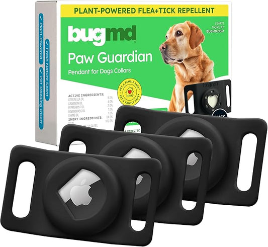 BugMD Paw Guardian Flea & Tick Pendant (3-Pack) with AirTag Holder – Plant-Based Flea & Tick Prevention for Dogs – Pet Collar Tag & GPS Tracker Holder for Dogs – Black-PawvioPets