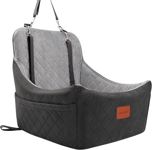Dog Car Seat for Dogs Up to 35lbs,Fully Detachable and Washable,Memory Foam Covered Soft Fabric,Easy to Install with Adjustable Straps,Anti-Slip Bottom,Two Side Pockets(Black/Grey,Medium)-PawvioPets