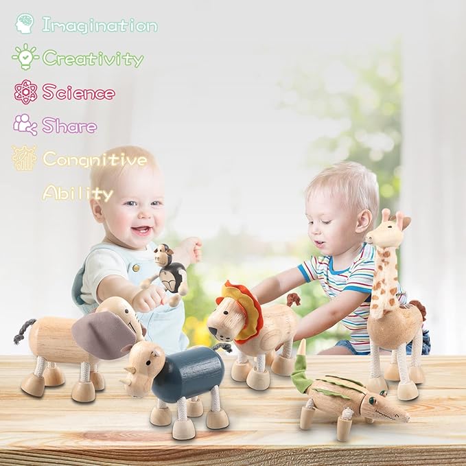 12PCS Bendable Wooden Animal Toys, Fun and Posable Animal Toys for Early Education, Smooth Natural Wood, Safari Farm Wood Animals Learning Toy for Kids-PawvioPets