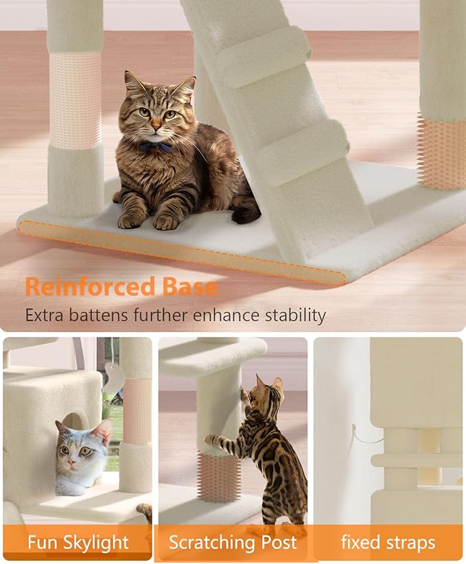 60'' Cat Tree Tower for Indoor Cats Large Adult,Cute/Tall Modern Cat Tree for Big Cats 20 lbs, Plush Multi-Level Cat Condo with Scratching Posts, Dangling Ball Indoor (Beige, 60 inch)-PawvioPets