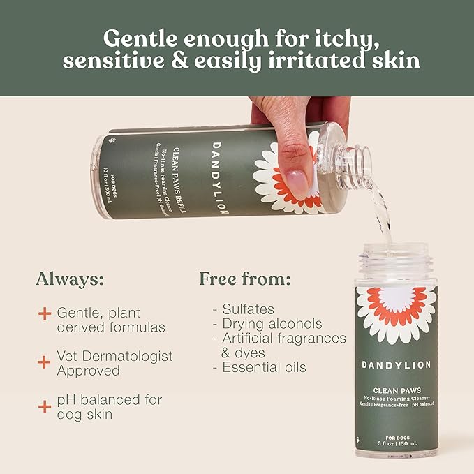 Dandylion Clean Paws No-Rinse Foaming Cleanser Refill – Gentle, Fragrance-Free, pH-Balanced for Dogs, 10 fl oz-PawvioPets