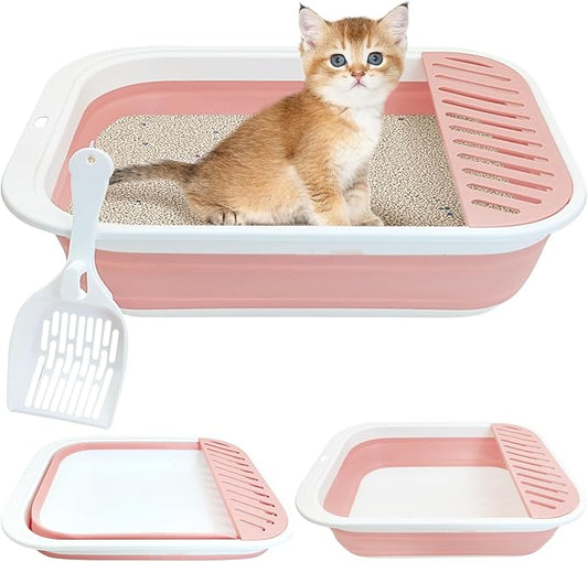 Fhiny Cat Litter Box Portable Shallow Litter Box 17.7"x13.4"x4.9" Foldable Cat Toilet with Scoop Open Kitty Potty Pan with Litter Drop Pedal Easy to Clean Travel Kitten Toilet(Pink)-PawvioPets