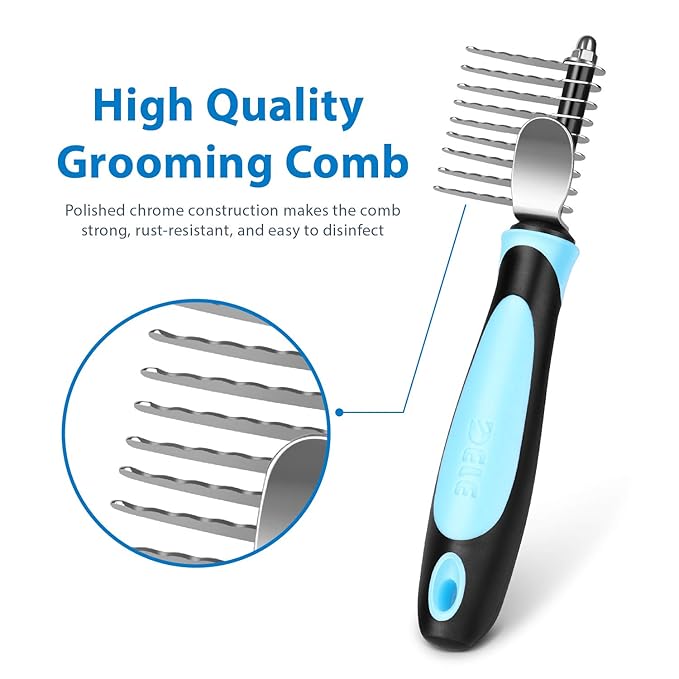 Flexzion Dogs Dematting Comb, Stainless Steel Blades Rakes, for Pets Cats Animals Matted Knotted Hair, Brush Cutting Removing Grooming Tool with Smooth Teeth Needle - Black & Blue Handle-PawvioPets