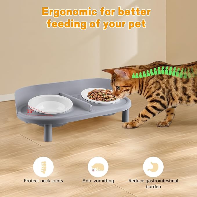 Elevated Cat Bowls, Tilted Rised Cat Food and Water Bowl with 2 Pcs Ceramic Pet Bowls, Rised Stand, Pet Dish Anti Vomiting Feeding Station for All Sized Cats & Small Dogs (Grey)-PawvioPets