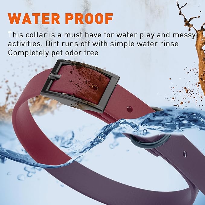 Dogline Biothane Waterproof Dog Collar Strong Coated Nylon Webbing with Black Hardware Odor- Proof for Easy Care Easy to Clean High Performance Fits Small Medium or Large Dogs, Merlot Burgundy-PawvioPets
