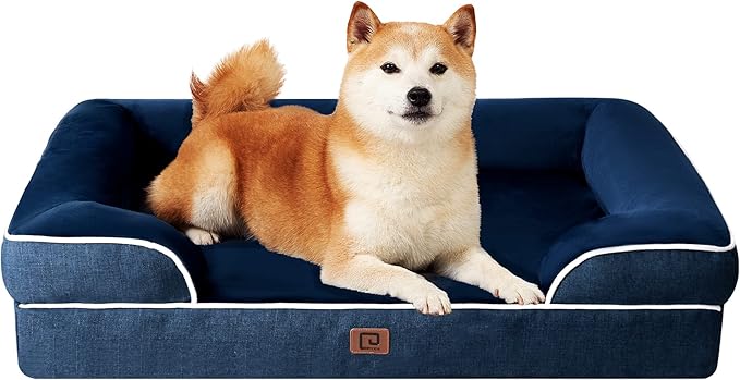 EHEYCIGA Orthopedic Dog Beds for Large Dogs, Waterproof Memory Foam Large Dog Bed with Sides, Non-Slip Bottom and Egg-Crate Foam Pet Couch Bed with Washable Removable Cover, Navy-PawvioPets
