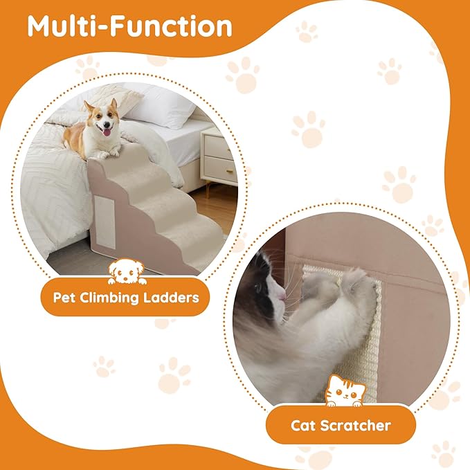 Dogs Steps for Bed, Dog Stairs for Small Dogs, 4-Step Dog Ramp for Bed, Couch, Sofa, and Chairs, Non-Slip Bottom Design, Cat Scratching, High Density Foam Portable Pet Step, Indoor, Beige-PawvioPets