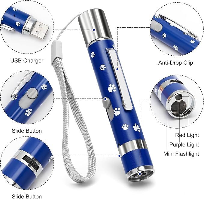 EAWONGEE Rechargeable Cat Toys - Indoor/Outdoor Cats Chase Light Toy for Kitty & Dog with 3 Light Modes, 5 Patterns, Blue-PawvioPets