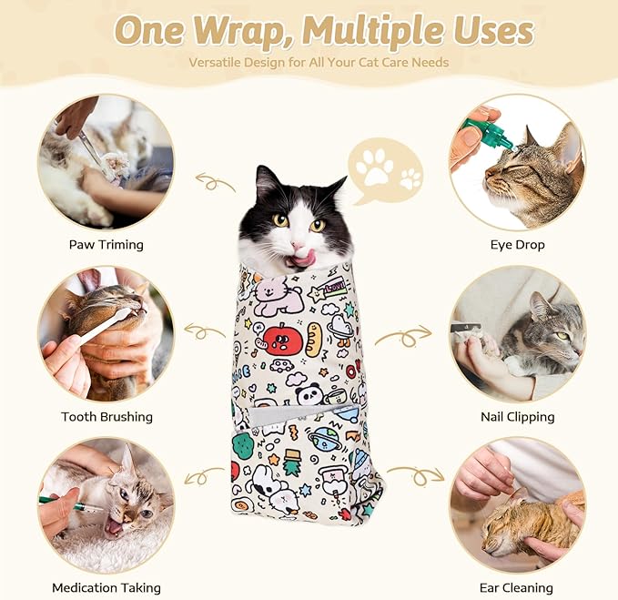 3-in-1 Cat Grooming Restraint Bag for Nail Trimming, Ear Cleaning & Medicine - Escape-Proof Design with Anti-Scratch Lining, Calming Pressure - Fits Cats & Kittens Up to 15lbs-PawvioPets
