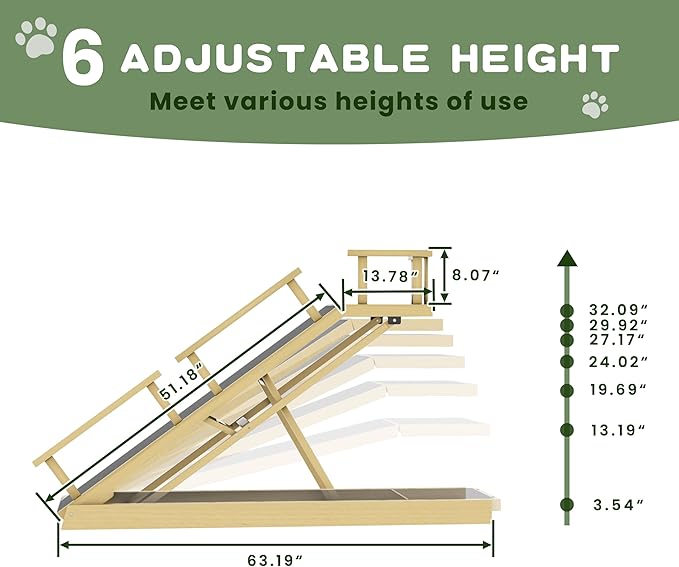 6 Level Height Adjustable Dog Ramp for Bed, Couch 65" Foldable Pet Ramp with Non-Slip Mat，DIY Glow Strips & Rest Platform Heavy Duty Dog Stairs for Large Dogs up to 200Lbs ，Wood Color-PawvioPets